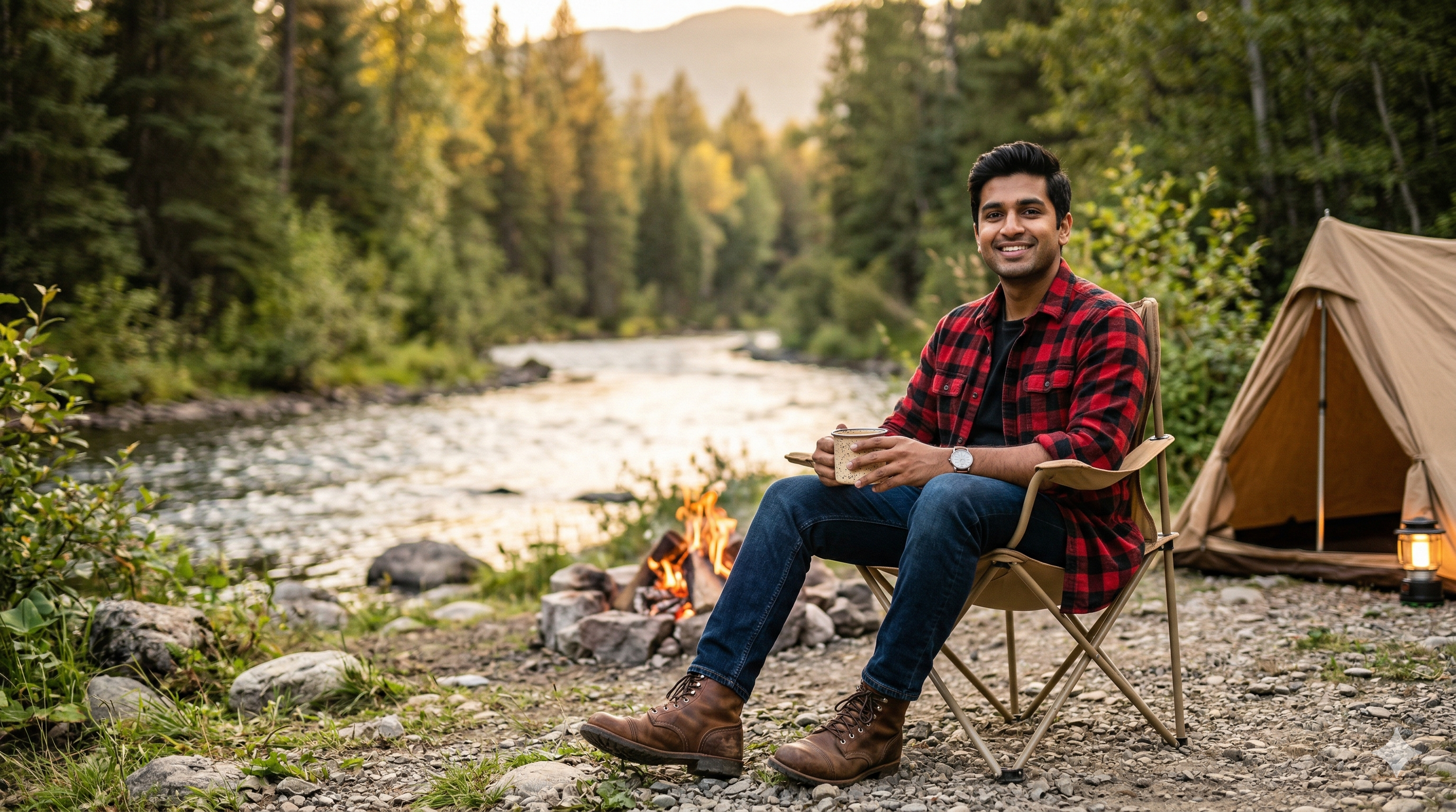 Golden Hour Riverside Camping: A Serene DSLR Portrait Scene
